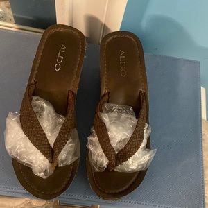 ALDO brown leather braided thong wedge sandal